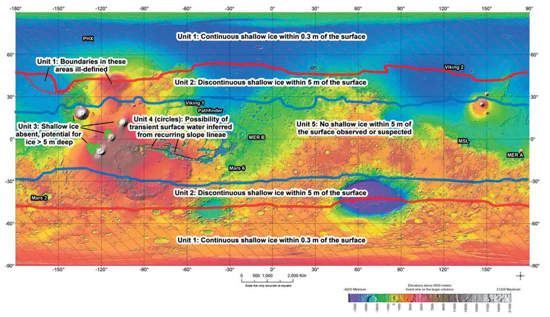 Map depicting geological features relevant to characterizing Special Regions on Mars. Indicated units describe shallow ground ice or potential transient surface water in terms of their depth below the surface and spatial continuity. Credit: National Academy of Sciences
