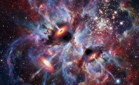 Computer visualization showing baby black holes growing in a young galaxy in the early Universe. Image credit: Maynooth University.