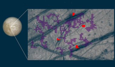 In this composite image, red pixels mark locations on Europa’s surface where ammonia-bearing compounds were detected; purple indicates no such detection. Image credit: NASA / JPL-Caltech.