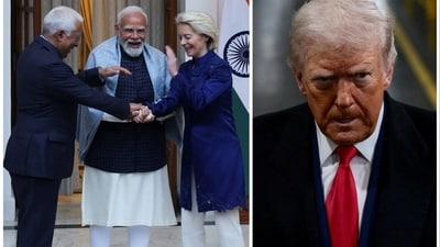 L: European Council President Antonio Costa, European Commission President Ursula von der Leyen and Prime Minister Narendra Modi | R: US President Donald Trump (AFP and Reuters)