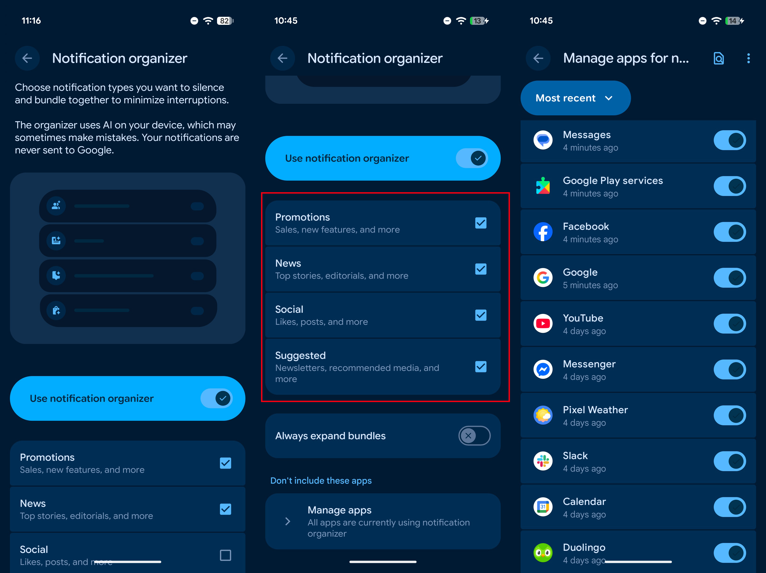Notification organizer set up process on a Pixel 10