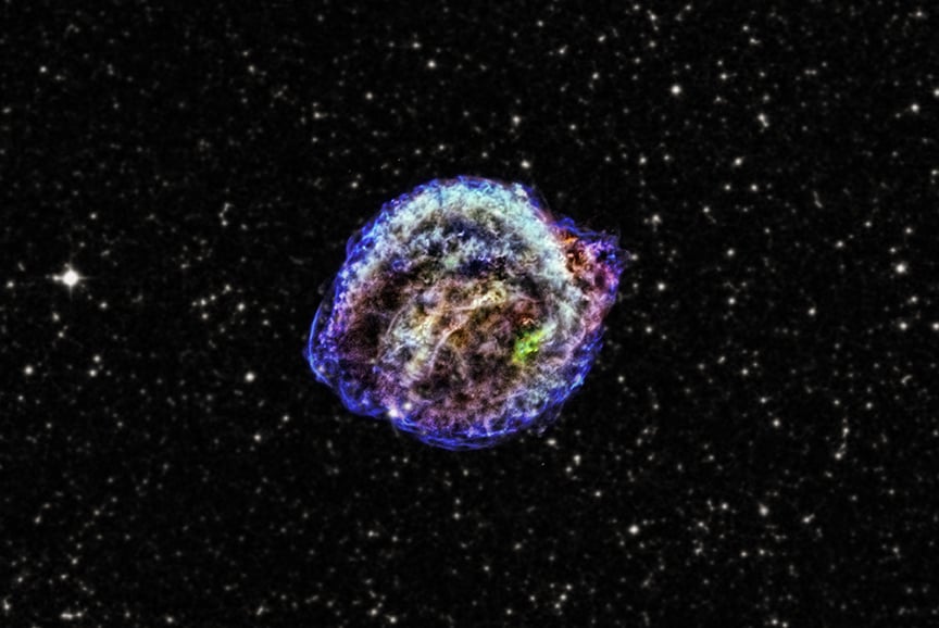 Chandra image of Kepler's Supernova, with colors representing the different levels of X-ray energy in the expelled debris. Credit: NASA