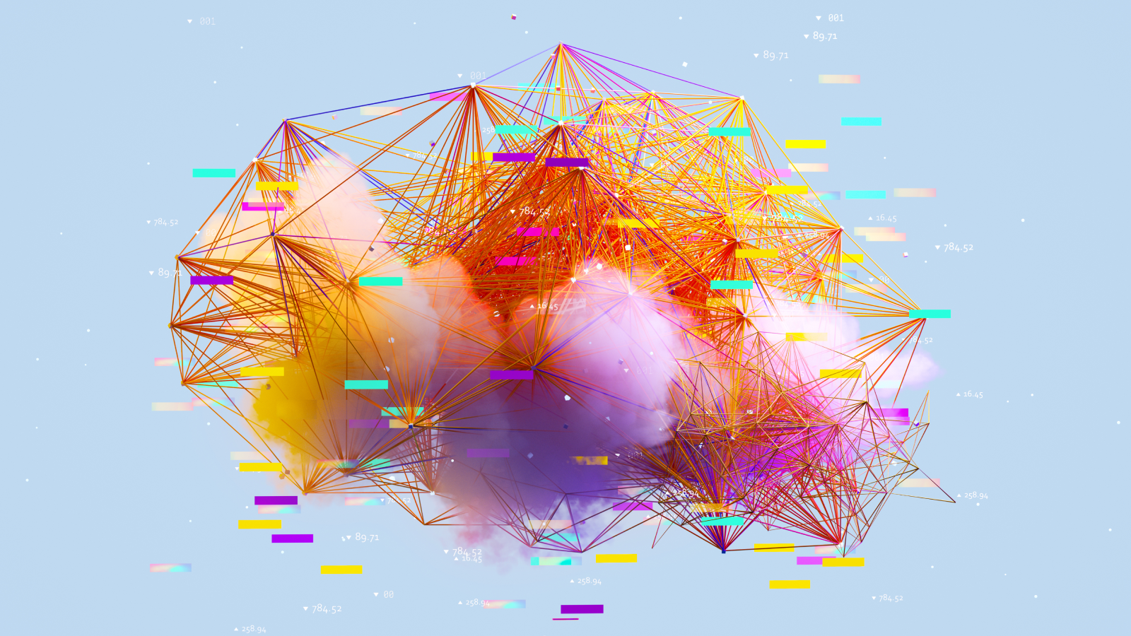 Digital generated image of abstract multicoloured AI data cloud against light blue background.