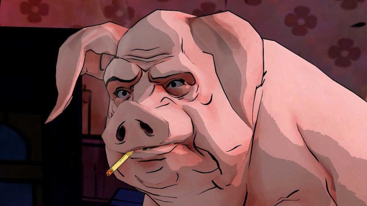 A pig smokes a cigarette.