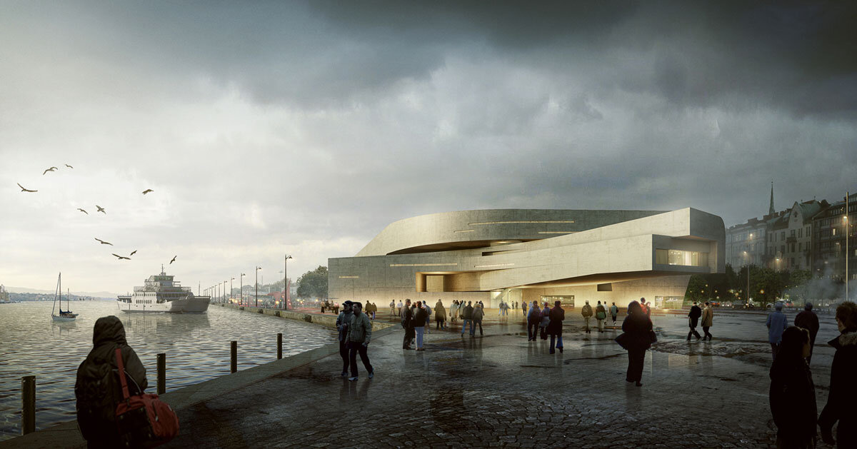 near figure envisions evolving green concrete museum unfolding along helsinki harbor