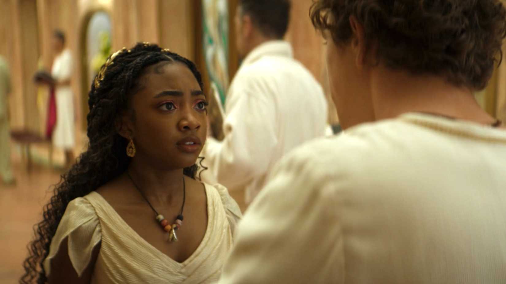 Percy and Annabeth talk in the hallway of the spa in Percy Jackson & the Olympians season 2