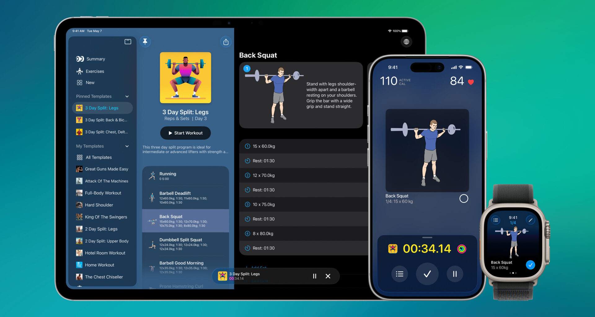 Screenshots showing Reps & Sets 26 strength training app on iPhone, iPad and Apple Watch.