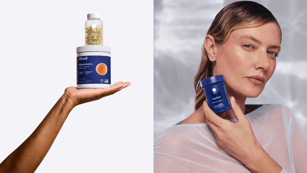 hand holding up ritual's magnesium supplement, with another one on top; female model holding up an anti-aging supplement to her face