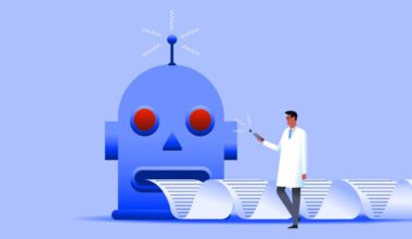 Illustration of a robot generating endless text, controlled by a scientist.