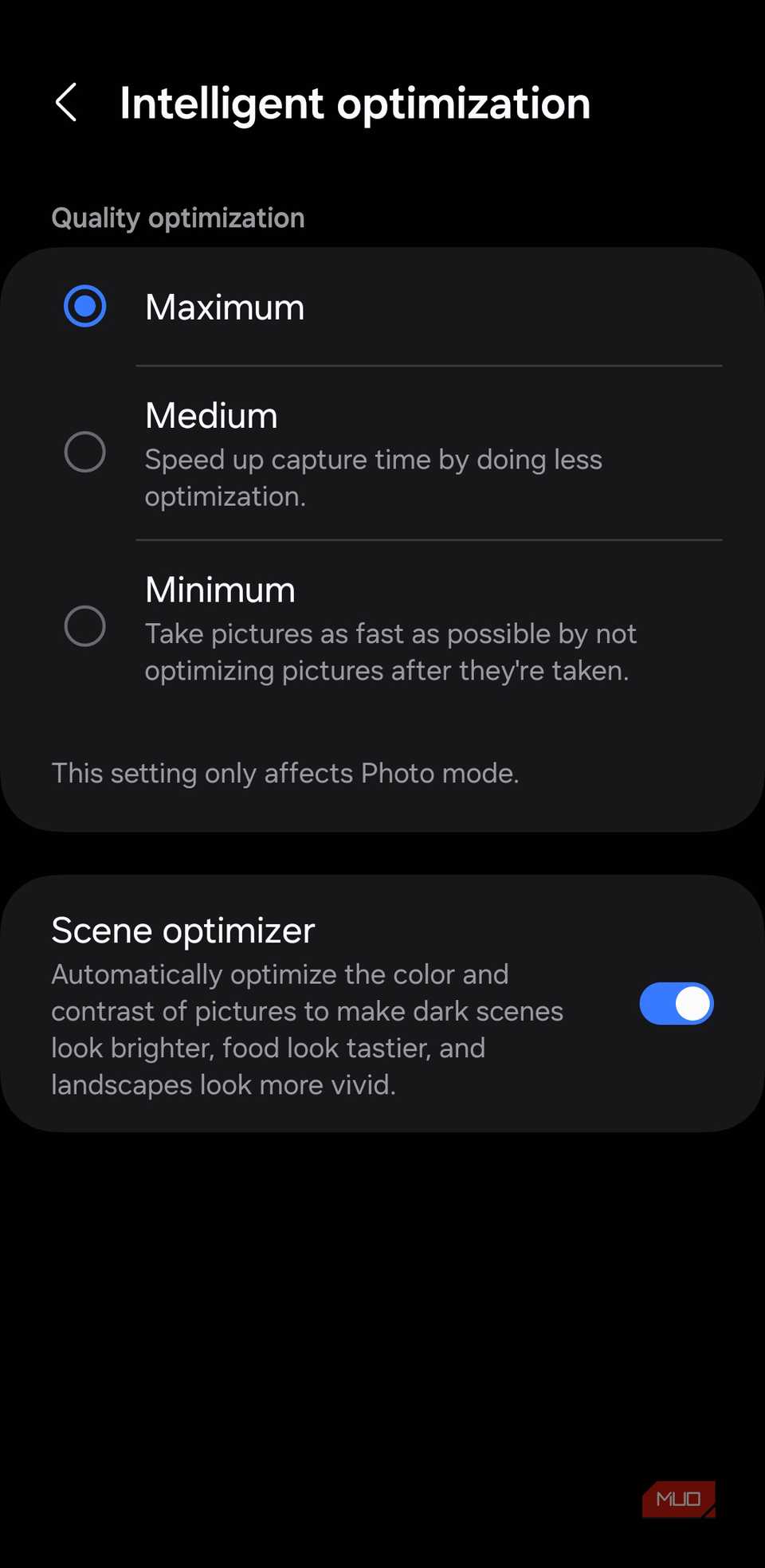 Scene optimizer setting in Samsung Camera app