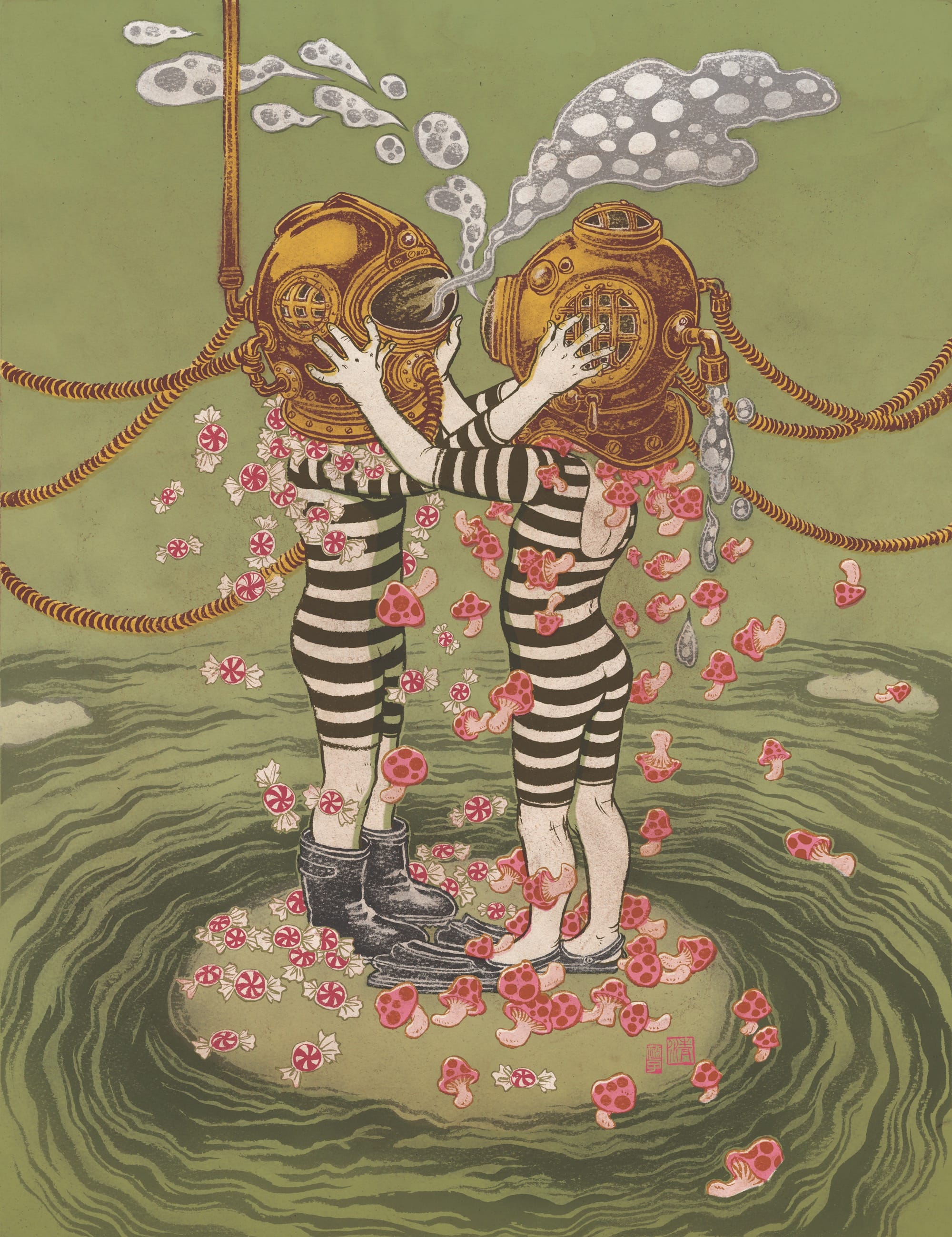 An illustration by Yuko Shimizu of two young swimmers underwater in black-and-white striped suits, wearing vintage metal diving helmets