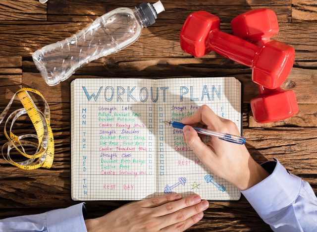 Elevated View Of A Person Making Note Of Workout Plan On Notebook With Exercise Equipment