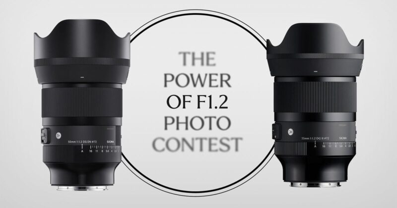 Two camera lenses face each other on either side of a circular graphic with the text "The Power of F1.2 Photo Contest" in the center. The background is light gray.