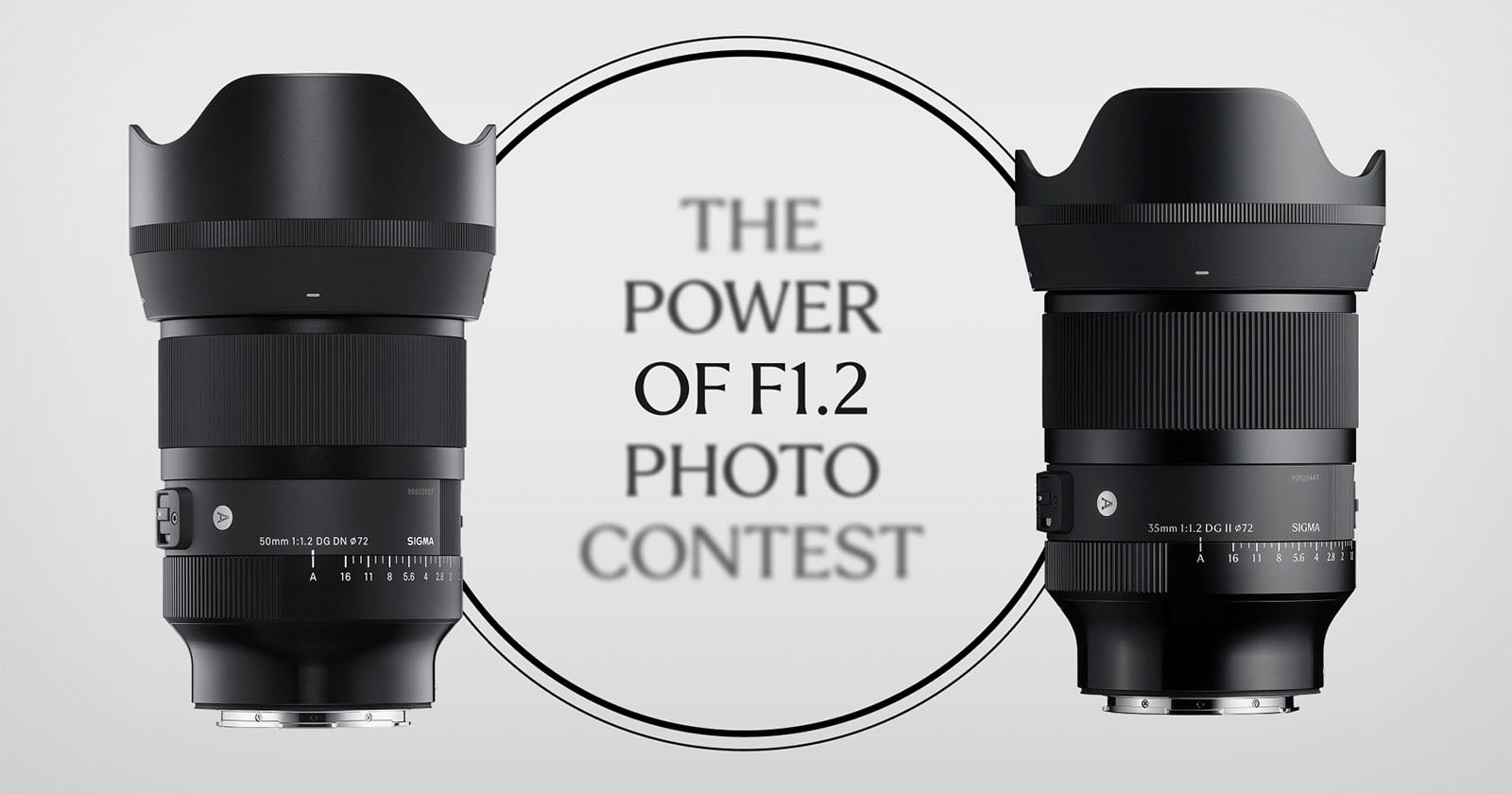 Two camera lenses face each other on either side of a circular graphic with the text "The Power of F1.2 Photo Contest" in the center. The background is light gray.