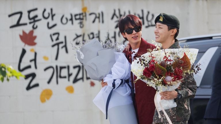 J-Hope was greeted by his bandmate Jin after being discharged from mandatory military service in 2024. Pic: Reyters/Kim Soo-hyeon