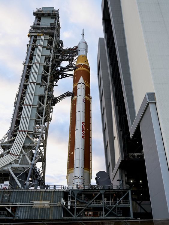 The SLS rocket with the Orion crew capsule, travels towards the launch pad. Pic: Reuters