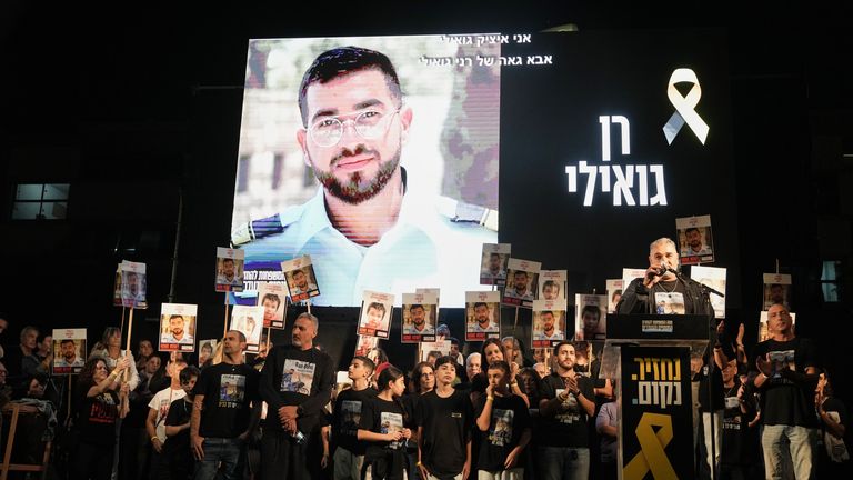 A photo of Ran Gvili is displayed during a rally calling for the return of his body in November. Pic: AP