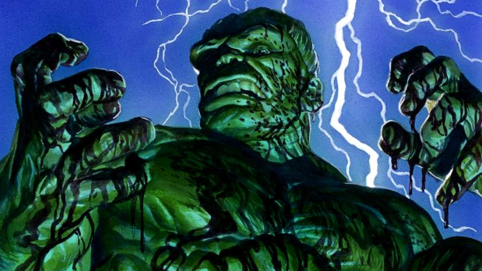 The Immortal Hulk is covered in blood during a thunderstorm