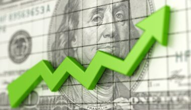 An upward-rising green arrow shown atop a stylized version of the $100 bill.