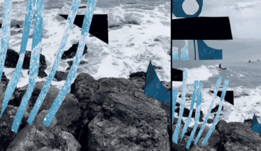 An animated collage by Rich Wells showing two frames with surf and surfers, superimposed with digital drawings and graphics
