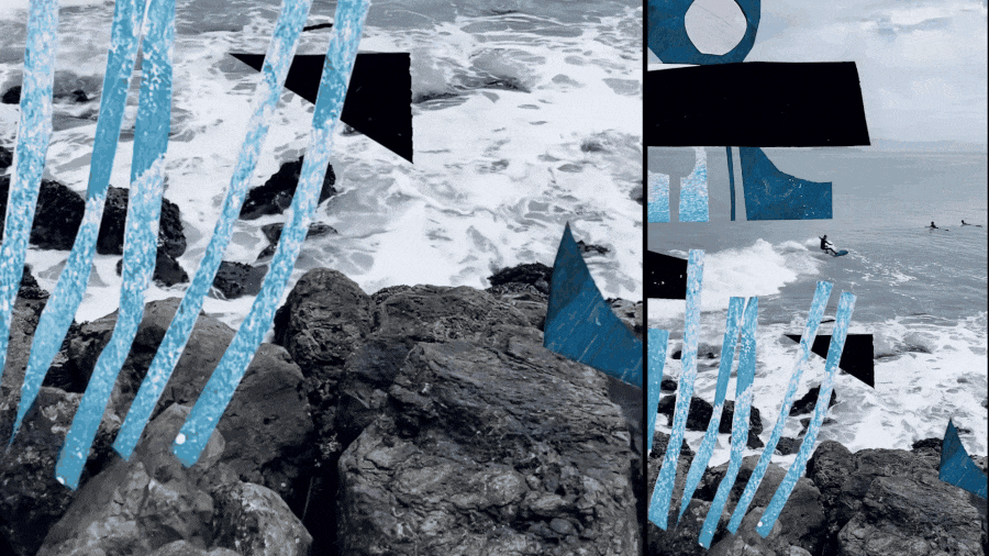 An animated collage by Rich Wells showing two frames with surf and surfers, superimposed with digital drawings and graphics