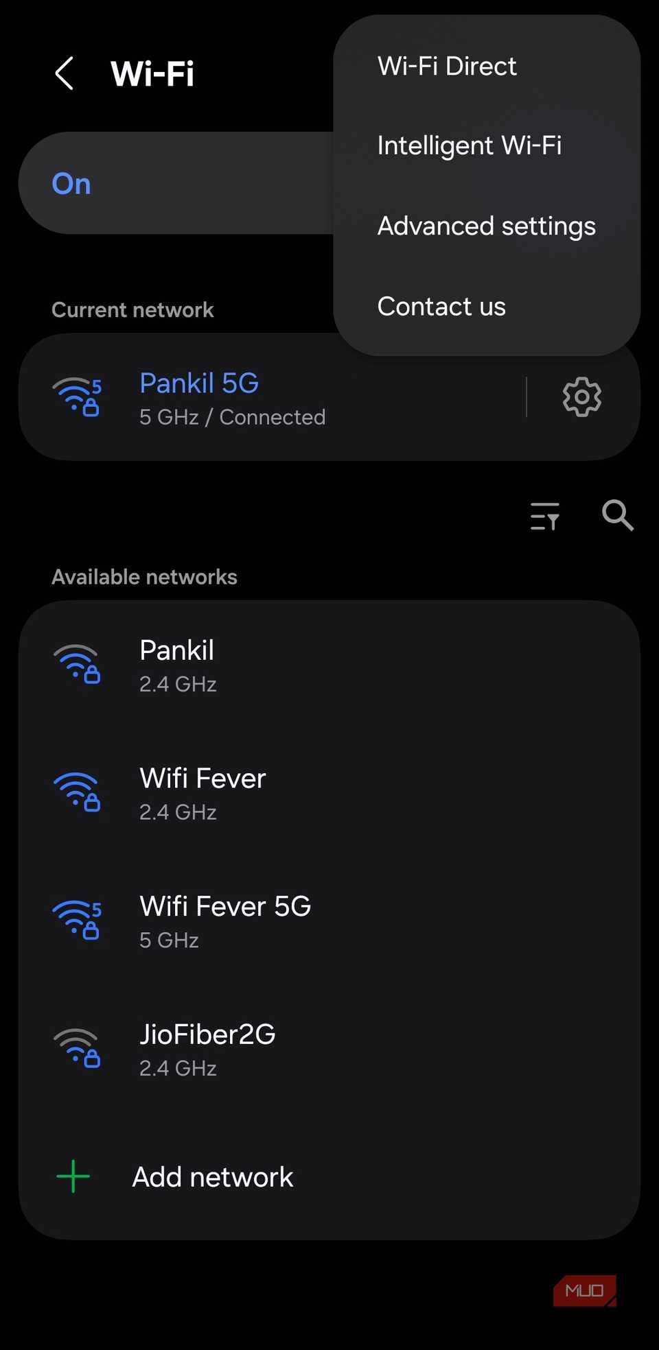 Wi-Fi menu on Samsung phone
