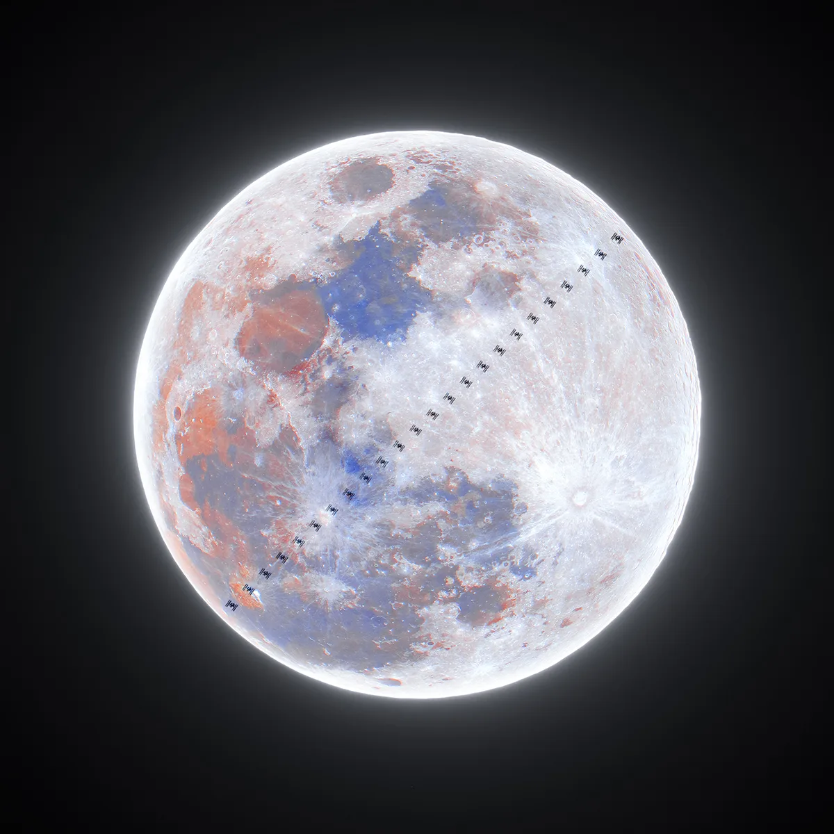 The International Space Station passing in front of the Wolf moon, by Tianyao Yang, Shanghai, China, 3 January 2026. Equipment: Sony A1 camera, Sony 600mm f/4 G Master lens with 2× teleconverter, iOptron HST equatorial mount. Software: ISO 500, 1/3200s, 30 frames per second continuous shooting. Processing: Frame selection and stacking using image processing software