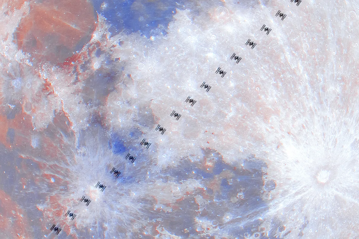 Detail from an image of the International Space Station passing in front of the Wolf moon, by Tianyao Yang, Shanghai, China, 3 January 2026. Equipment: Sony A1 camera, Sony 600mm f/4 G Master lens with 2× teleconverter, iOptron HST equatorial mount. Software: ISO 500, 1/3200s, 30 frames per second continuous shooting. Processing: Frame selection and stacking using image processing software