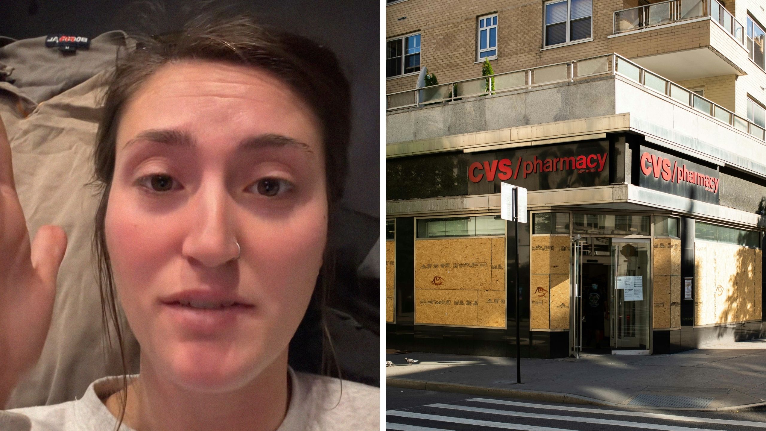 woman shares cvs issue (c) cvs store entrance (r)