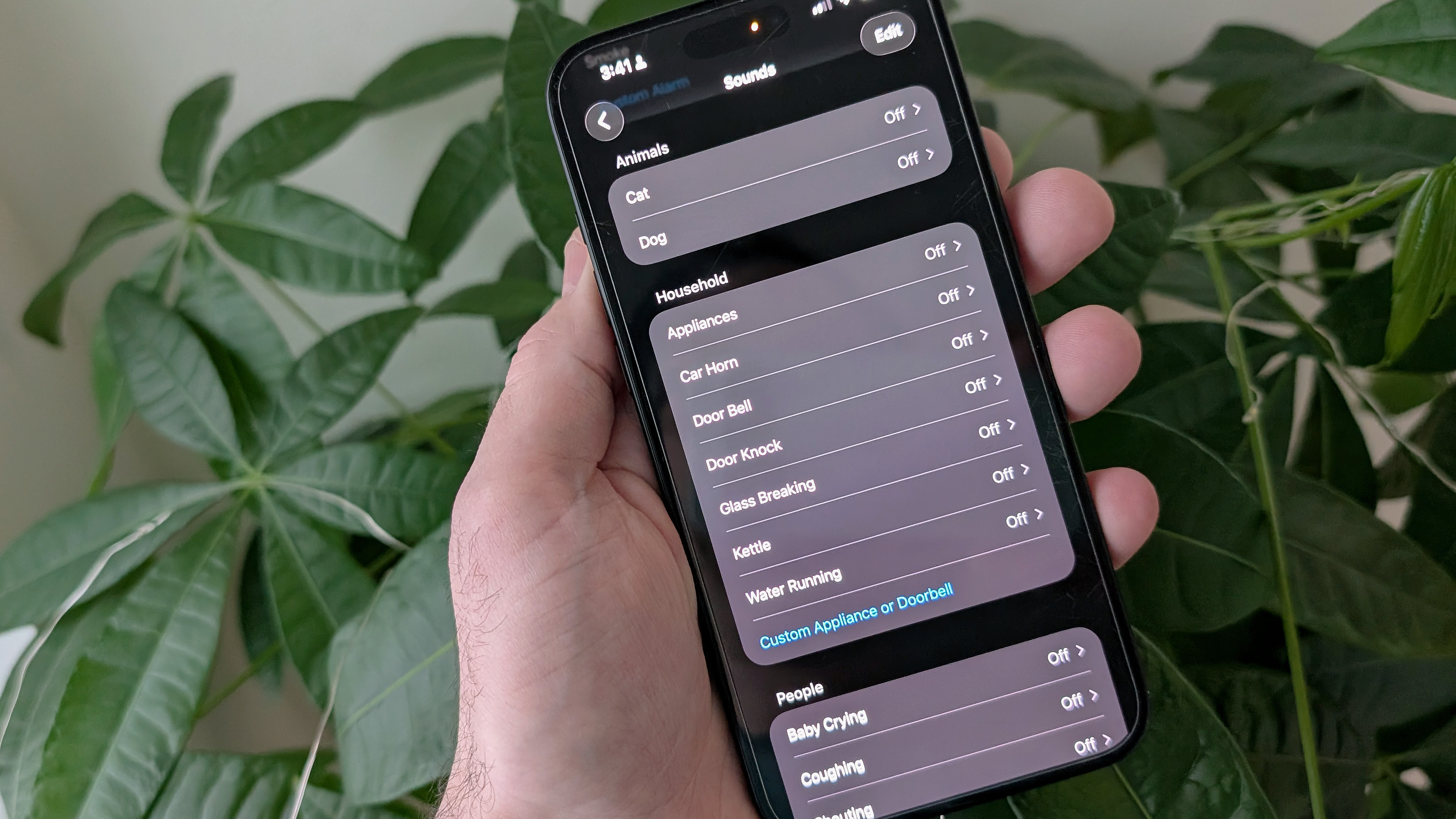 Close-up of an iPhone 16 Plus showing the Sound Recognition options