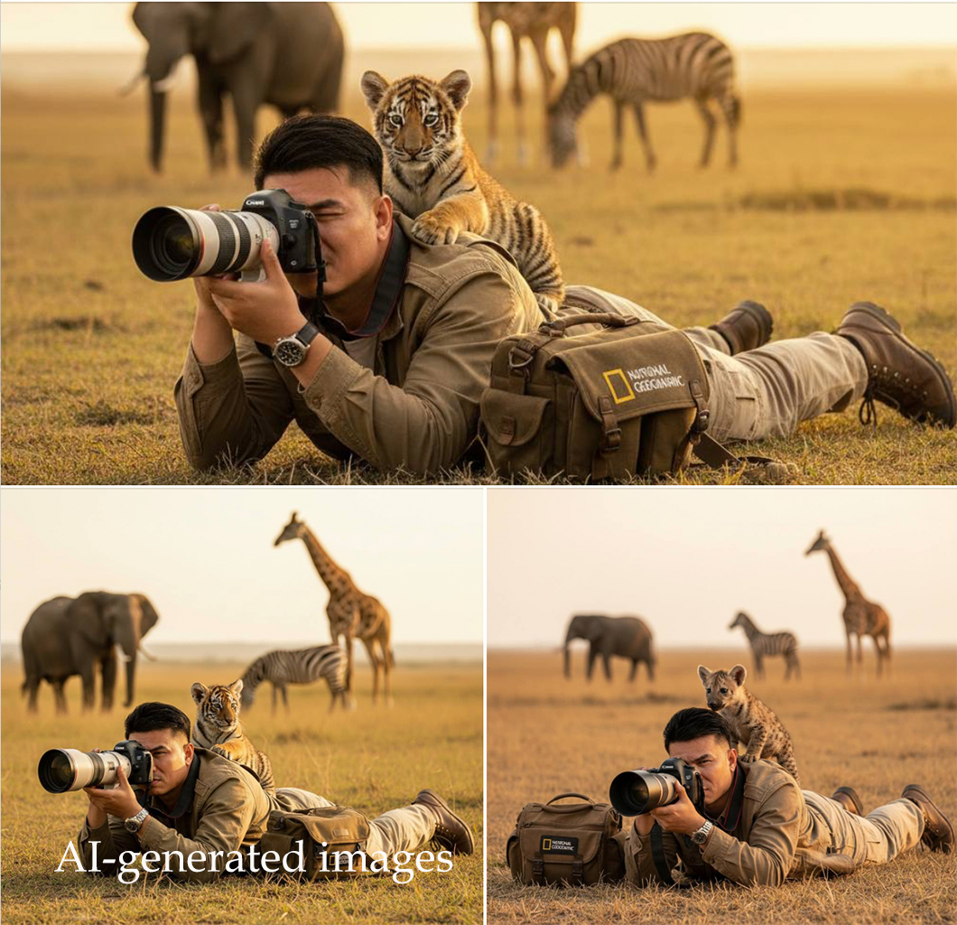 This AI image, posted on Facebook in October 2025, depicts something that would never happen — a tiger laying on someone’s back in the wild. And tigers do not share the African landscape with giraffes and zebras: The cats live in Asia.