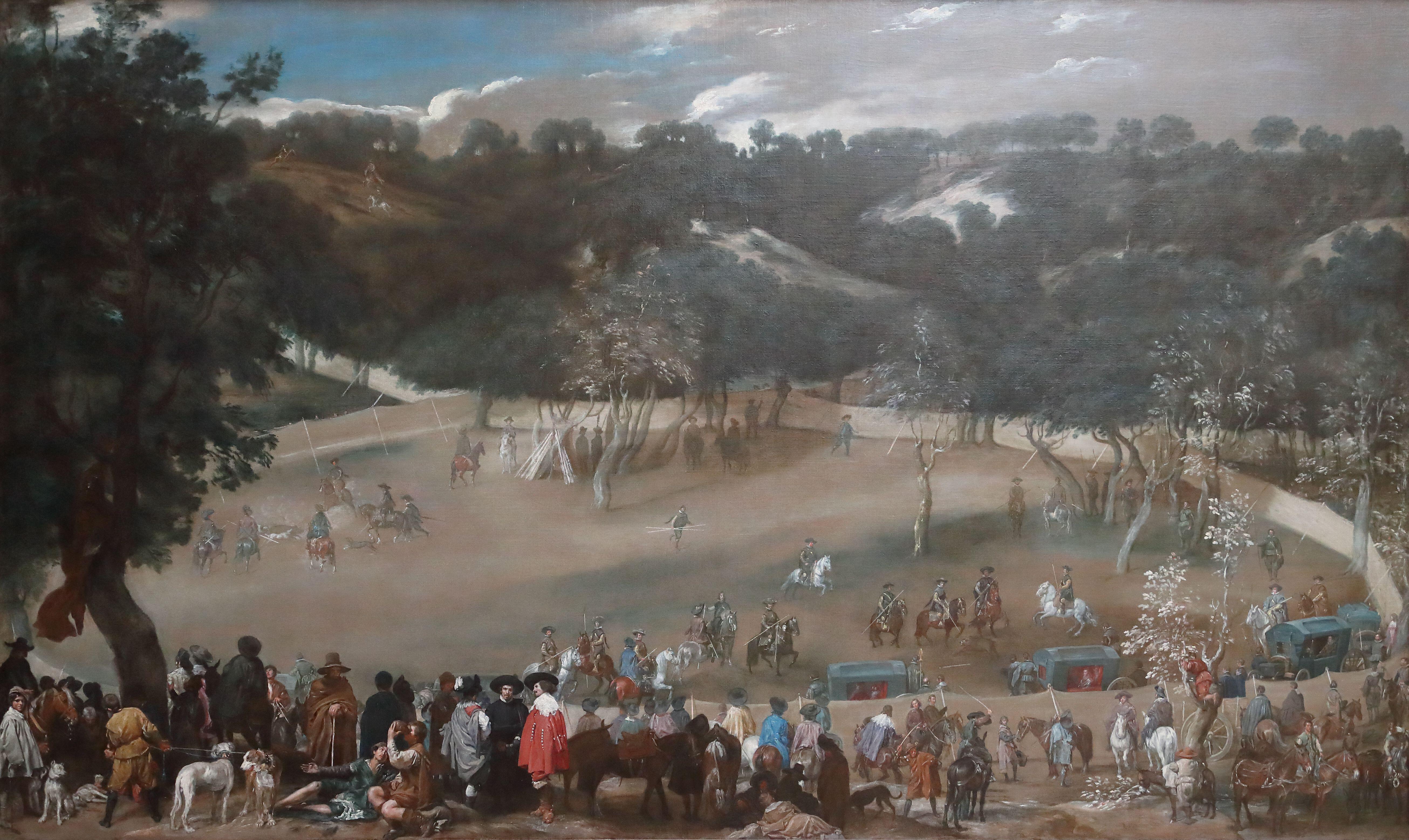 Illustration of Philip IV hunting wild boar with other figures and horses in a landscape.