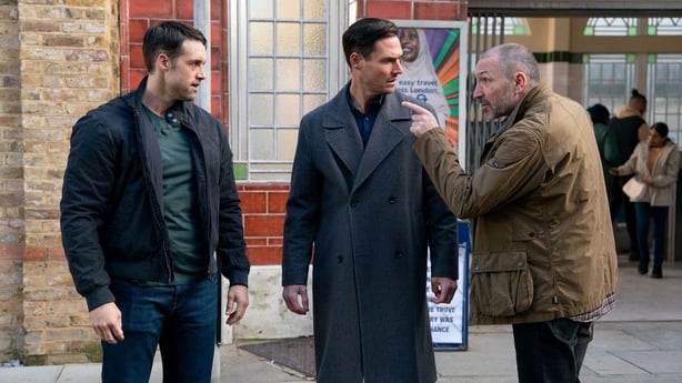 (L-R) Mark Fowler Jr (Stephen Aaron-Sipple), Zack Hudson (James Farrar), and Ross (Alex Walkinshaw) have words: Photo: BBC/Jack Barnes/Kieron McCarron