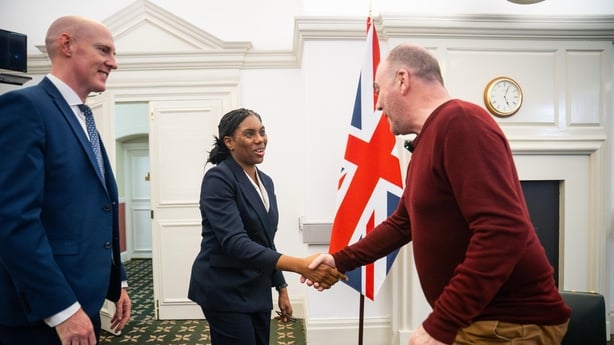 Former bus driver Mark Hehir (right) meets Conservative Party leader Kemi Badenoch alongside shadow minister for justice Kieran Mullan
