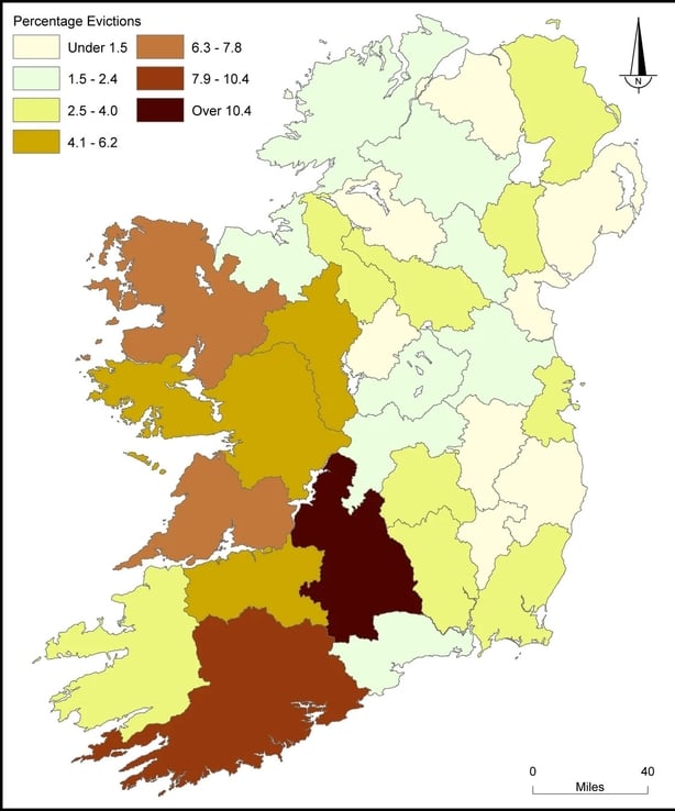 This map, based on the surviving police records and court records of ejectments proceedings, illustrates the percentage share of evictions per county between 1846 and 1852. These combined official records of evictions suggest that at least 100,000 families –or approximately half a million people –we