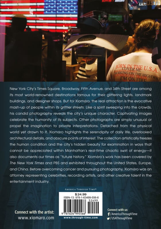 The back cover of a book features text about New York City photography, a barcode, social media handles, and a partial image of a person wearing a “Born in the U.S.A.” shirt with city lights and an American flag in the background.