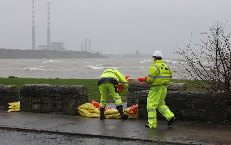 Sandymount strand in South Co Dublin where barriers were erected and sandbags located to combat the high tides on Tuesday and guard against flooding in the area. Photo: Bryan O’Brien / The Irish Times 
