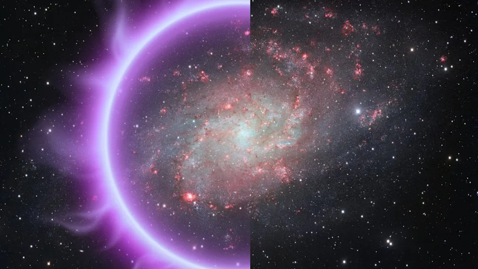 The galaxy Messier 33 according to competing models of the universe (left) with a dark matter halo (right) without a bubble of this mysterious "stuff.".