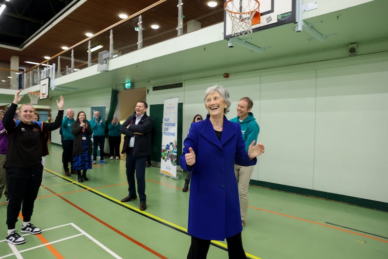 President Catherine Connolly at PeacePlayers Northern Ireland, which works with young people to change perceptions and build peace through basketball. Photograph: Tony Maxwell/ Max