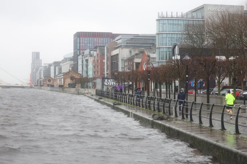 Eden Quay in Dublin this week, where high tides and persistent rain led to flood barriers being erected. Photograph: Enda O’Dowd