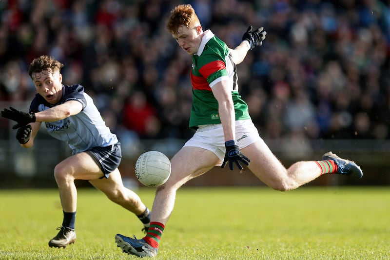 Mayo's Darragh Beirne takes his goal against Dublin in McHale Park. Photograph: Laszlo Geczo/Inpho