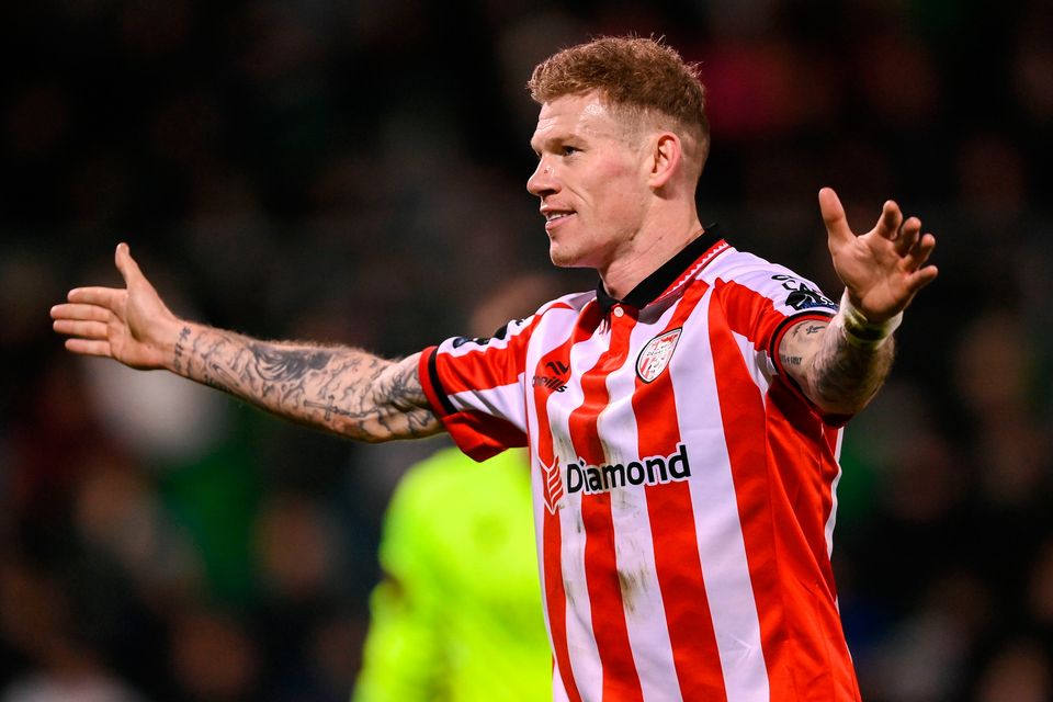 James McClean of Derry City celebrates in front of the Shamrock Rovers supporters after team-mate Darragh Markey scored in the 2026 President's Cup final at Tallaght Stadium in Dublin. Photo: Stephen McCarthy/Sportsfile