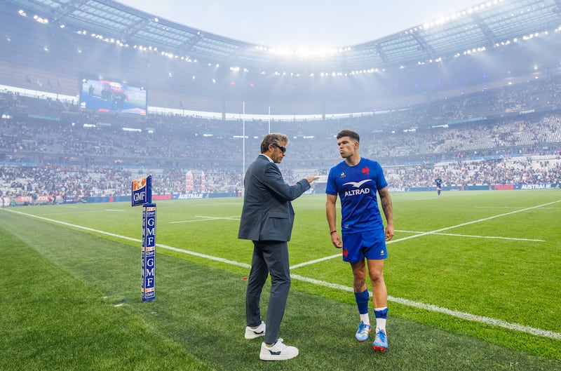 France head coach Fabien Galthié speaks to Matthieu Jalibert after France's victory against Australia at Stade de France, Paris, in 2023. Photograph: James Crombie/Inpho