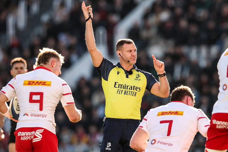 Referee Karl Dickson during Munster against Toulon. Photograph: Billy Stickland/Inpho