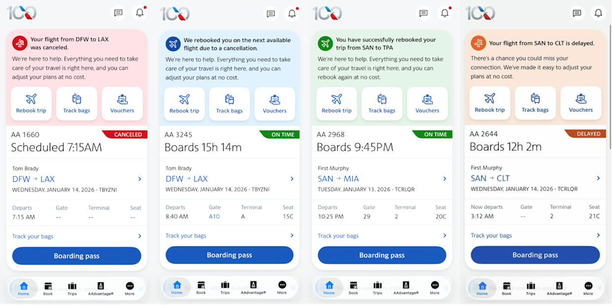 Preview of American Airlines' new app layout for flight disruptions
