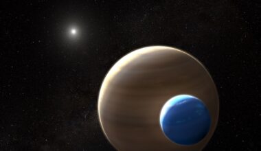 Massive exomoon: Large brownish planet with banded atmosphere and a smaller bluish moon, with their sun in the distance.