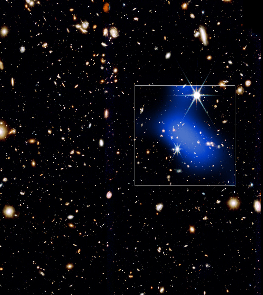 An image of deep space captured by JWST shows numerous galaxies, with a highlighted square area containing a blue haze, indicating the presence of dark matter in one of the earliest galaxy clusters.