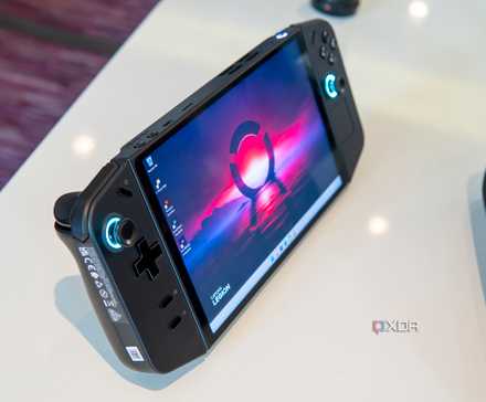 Angled view of the Lenovo Legion Go showing a desktop background