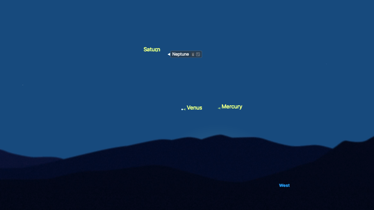 A pale blue night sky highlights labeled yellow dots for planets including Venus, Saturn and Mercury