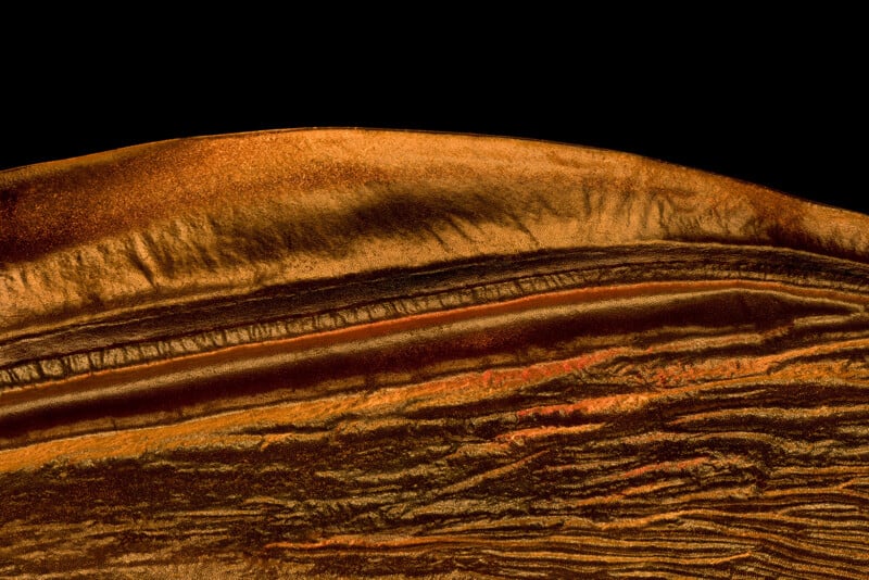 Close-up of layered, textured material in shades of gold, brown, and orange, resembling geological strata or a cross-section of rock, set against a black background.